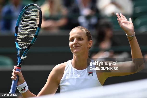 Czech Republic's Karolina Pliskova celebrates winning against Czech Republic's Tereza Martincova during their women's singles tennis match on the...