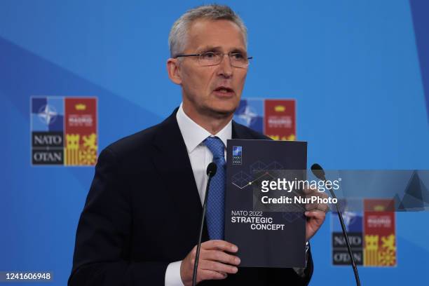 Secretary General Jens Stoltenberg shows NATO 2022 Strategic Concept at the press conference during the NATO Summit in Madrid, Spain on June 29, 2022.