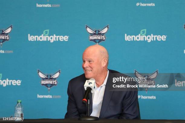 Head Coach Steve Clifford of the Charlotte Hornets talks to the media during the introductory press conference on June 28, 2022 at Spectrum Center in...