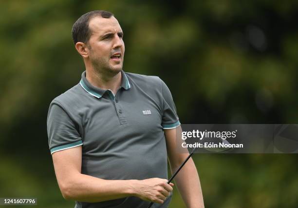 Kilkenny , Ireland - 29 June 2022; Former Republic of Ireland footballer John O'Shea watches his drive on the eighth tee box during the Horizon Irish...