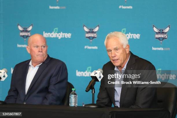 General Manager of the Charlotte Hornets Mitch Kupchak and Head Coach Steve Clifford of the Charlotte Hornets talk to the media during th...