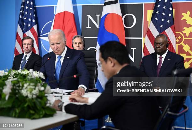 President Joe Biden flanked by US Secretary of Defense Lloyd Austin , Secretary of State Antony Blinken and US National Security Advisor Jake...