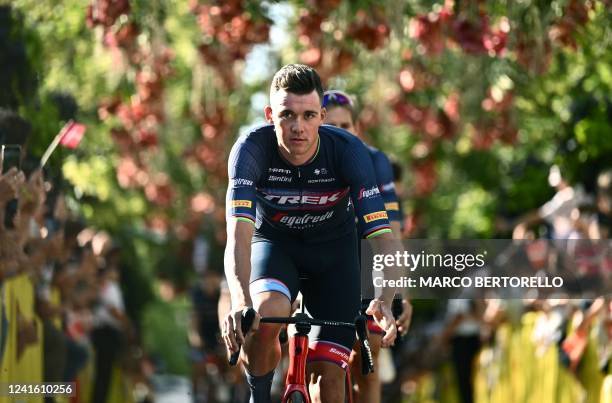 Trek-Segafredo team's Danish rider Mads Pedersen cycles to attend the teams' presentation two days ahead of the first stage of the 109th edition of...