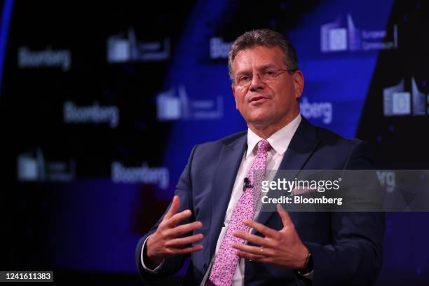 Maros Sefcovic, vice president of the European Commission, speaks on a panel after delivering a keynote speech on Brexit at Bloomberg LP's...