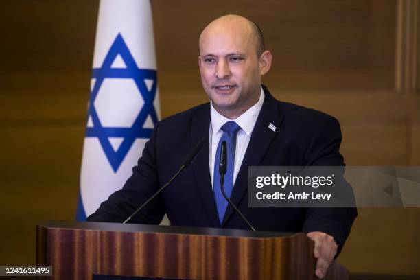 Israeli Prime Minister Naftali Bennet gives a statement to the press he will not take part in the coming general elections on June 29, 2022 in...