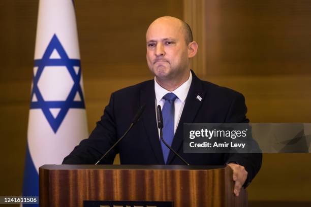 Israeli Prime Minister Naftali Bennet gives a statement to the press he will not take part in the coming general elections on June 29, 2022 in...