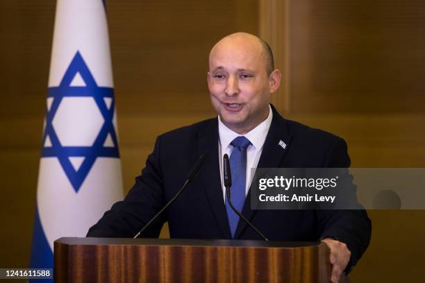 Israeli Prime Minister Naftali Bennet gives a statement to the press he will not take part in the coming general elections on June 29, 2022 in...