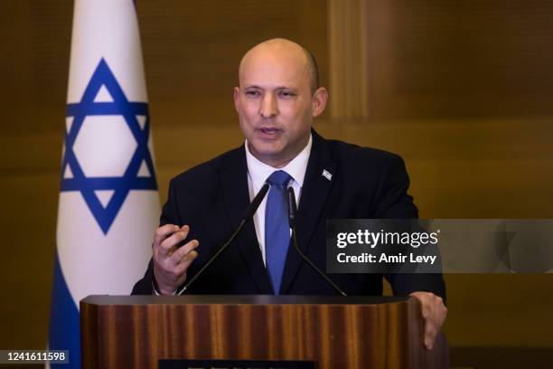 Israeli Prime Minister Naftali Bennet gives a statement to the press he will not take part in the coming general elections on June 29, 2022 in...