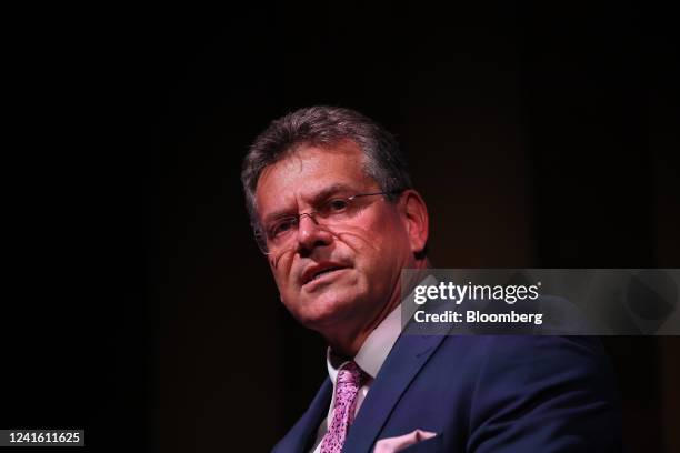 Maros Sefcovic, vice president of the European Commission, speaks on a panel after delivering a keynote speech on Brexit at Bloomberg LP's...