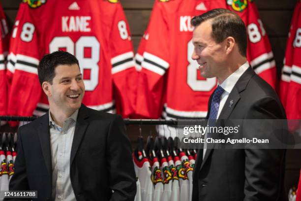 General Manager Kyle Davidson of the Chicago Blackhawks arrives with Luke Richardson to introduce him as the team's new head coach at the Blackhawks...