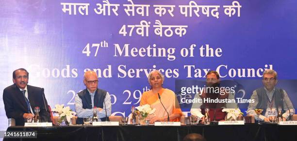 Union Finance Minister Nirmala Sitharaman and along with others addresses the media personnel during two-day meeting of the 47th Goods and Services...