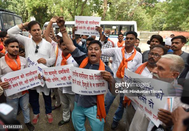 Vishwa Hindu Parishad and Bajrang Dal members protesting against the killing of Kanhaiya Lal, a tailor a day ago in Rajasthan's Udaipur district at...