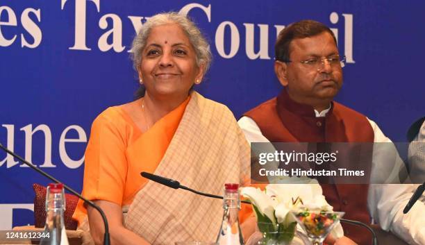 Union Finance Minister Nirmala Sitharaman and along with others addresses the media personnel during two-day meeting of the 47th Goods and Services...