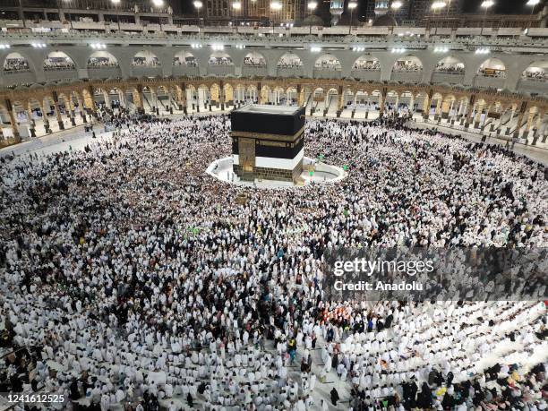 Hundreds of thousands of prospective Hajj pilgrims circumambulate the Kaaba with praying on June 29, 2022 in Mecca, Saudi Arabia. The pilgrimage,...