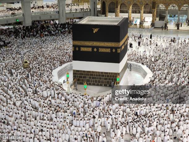 Hundreds of thousands of prospective Hajj pilgrims circumambulate the Kaaba with praying on June 29, 2022 in Mecca, Saudi Arabia. The pilgrimage,...