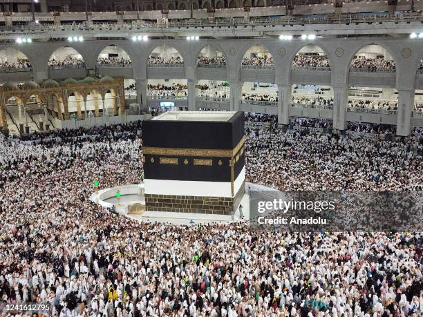 Hundreds of thousands of prospective Hajj pilgrims circumambulate the Kaaba with praying on June 29, 2022 in Mecca, Saudi Arabia. The pilgrimage,...