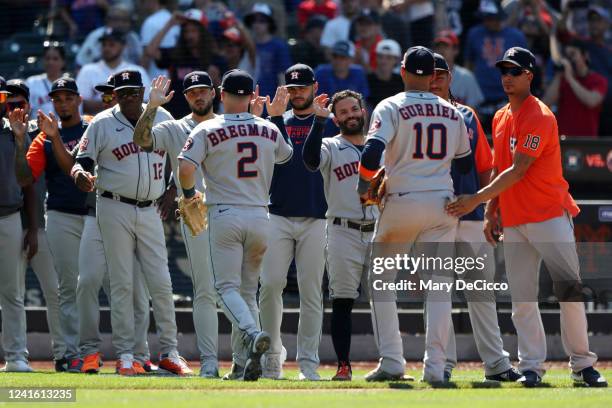 The Houston Astros celebrate after defeating the New York Mets at Citi Field on Wednesday, June 29, 2022 in New York, New York.