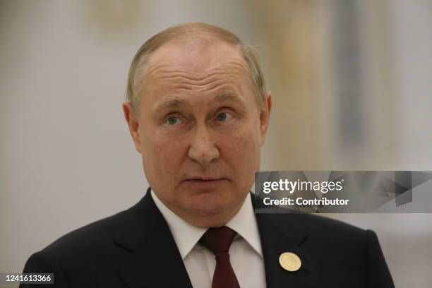 Russian President Vladimir Putin speeches during his press conference at the Ashgabat International Airport, late June 2022, in Ashgabat,...