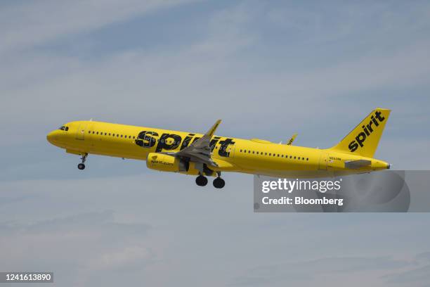 Spirit Airlines plane takes off from Denver International Airport in Denver, Colorado, US, on Wednesday, June 29, 2022. Spirit Airlines Inc. Stood by...
