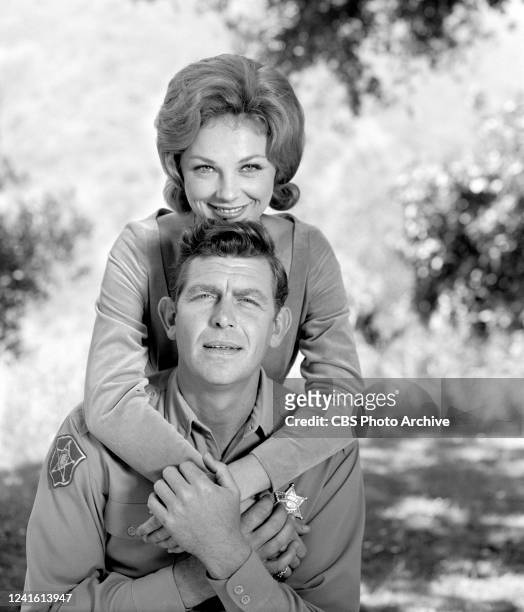 The Andy Griffith Show" on the CBS television network starring From bottom: Andy Griffith as Sheriff Andy Taylor and Joanna Moore as Peggy McMillan....