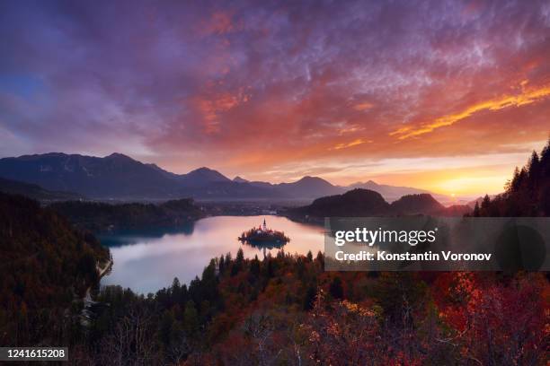 lake bled in slovenia at sunrise. beautiful skyes. dawn, view from the hill ojstrica. - lubiana stock pictures, royalty-free photos & images