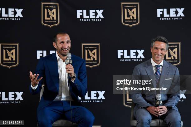 Defender Giorgio Chiellini speaks during a news conference with LAFC Co-President and General Manager John Thorrington after Chiellini was introduced...