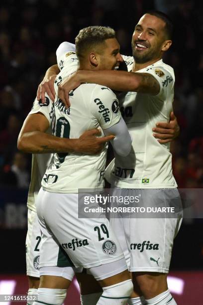 Brazil's Palmeiras players celebrate after scoring against Paraguay's Cerro Porteño during their Copa Libertadores football tournament round of...