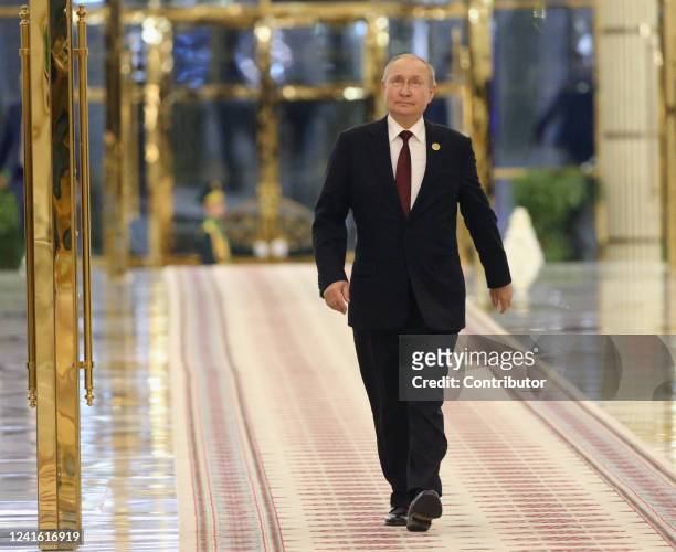 Russian President Vladimir Putin arrives for his press conference at the Ashgabat International Airport on June 29, 2022 in Ashgabat, Turkmenistan....