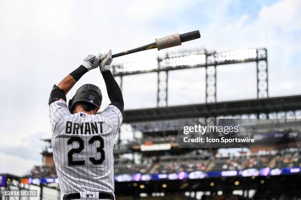 Colorado Rockies left fielder Kris Bryant prepares to bat during a game between the Los Angeles Dodgers and the Colorado Rockies at Coors Field on...