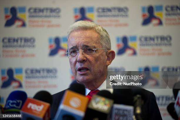 Colombia's former president Alvaro Uribe Velez speaks during a press conference after meeting with Colombia's president-elect Gustavo Petro, in...