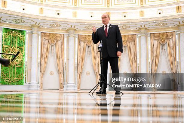 Russian President Vladimir Putin speaks with media during the 6th Caspian Summit in Ashgabat on June 29, 2022.