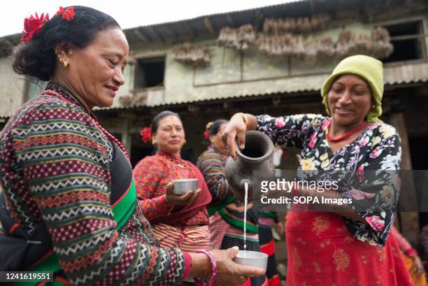 Woman pours a traditional drink in the paddy field during the celebration. Nepalese farmers celebrate National Paddy Day with various events that...