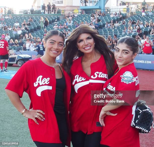 Gia Giudice, Teresa Giudice and Milania Giudice attend the Battle For Brooklyn Celebrity Softball Game at Maimonides Park on June 29, 2022 in New...