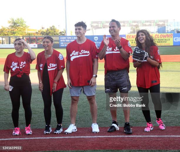 Gia Giudice, Teresa Giudice, Milania Giudice, Luis Ruelas and David Ruelas attend the Battle For Brooklyn Celebrity Softball Game at Maimonides Park...