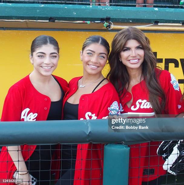 Gia Giudice, Teresa Giudice and Milania Giudice attend the Battle For Brooklyn Celebrity Softball Game at Maimonides Park on June 29, 2022 in New...