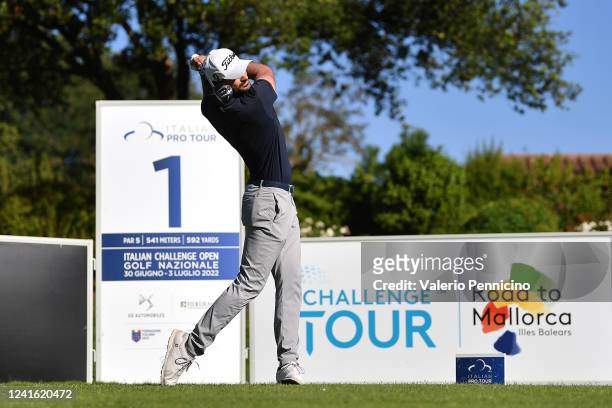 Clement Sordet of France plays his tee shot to the 1st hole during Day One of the Italian Challenge Open at Golf Nazionale on June 30, 2022 in...
