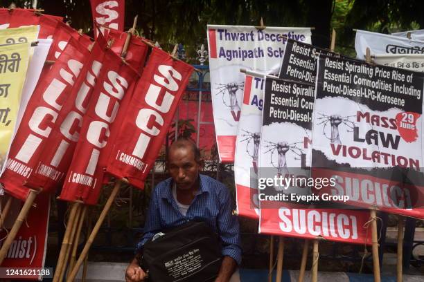 Social Unity Center of India Activists take part during Mass Law Violation rally against the Central Government's new radical schemes. They also...