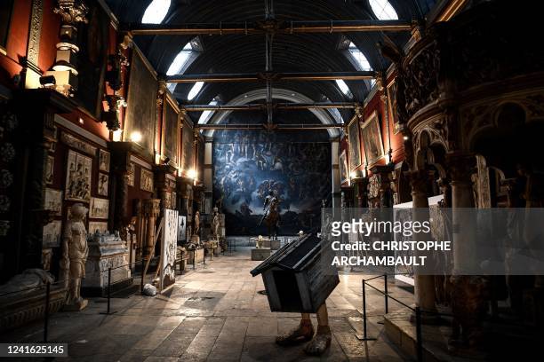 This picture shows a general view of the chapel of the Ecole Nationale Superieure des Beaux-Arts where students's artworks are displayed along with...