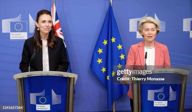 New Zealand Prime Minister Jacinda Kate Laurell Ardern and the EU Commission's President Ursula von der Leyen are talking to media after a bilateral...