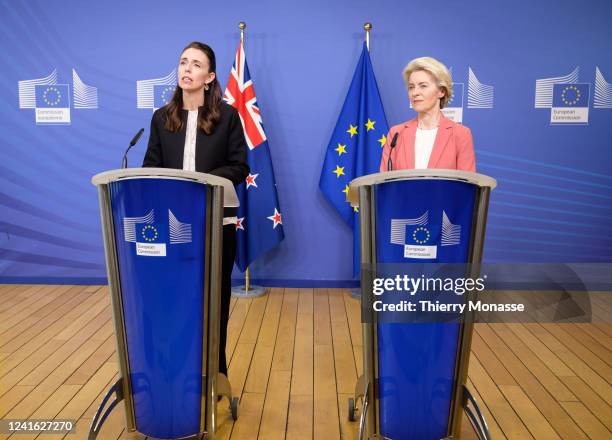 New Zealand Prime Minister Jacinda Kate Laurell Ardern and the EU Commission's President Ursula von der Leyen are talking to media after a bilateral...