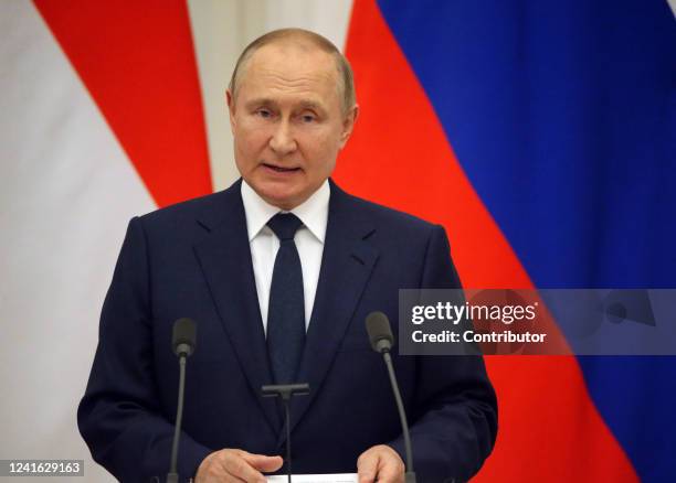 Russian President Vladimir Putin speaks during his talks with Indonesian President Joko Widodo at the Kremlin on June 30, 2022 in Moscow, Russia....