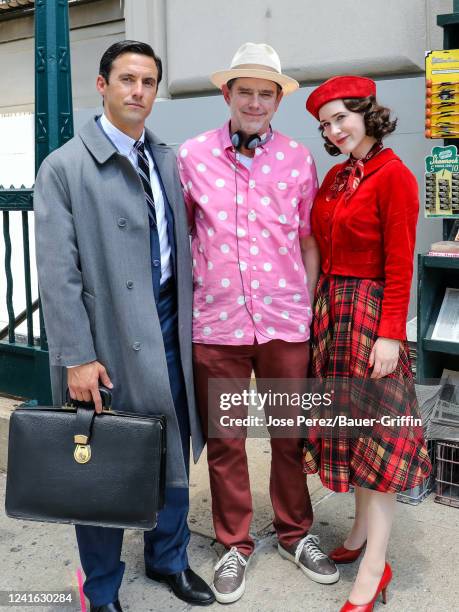 Milo Ventimiglia, Daniel Palladino and Rachel Brosnahan are seen at the film set of "The Marvelous Mrs. Maisel" on June 30, 2022 in New York City.