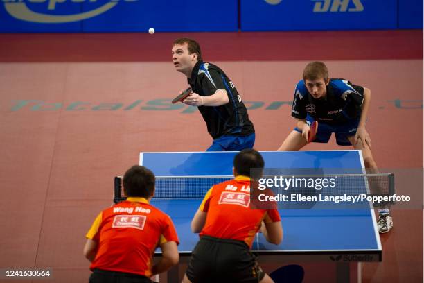 Action involving Paul Drinkhall and Liam Pitchford of England against Ma Lin and Wang Hao of China during the men's doubles in the ITTF Pro Tour...