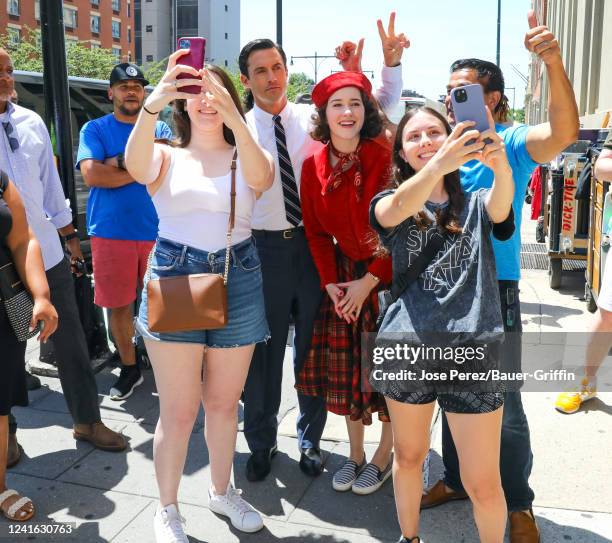 Milo Ventimiglia and Rachel Brosnahan are seen at the film set of "The Marvelous Mrs. Maisel" on June 30, 2022 in New York City.