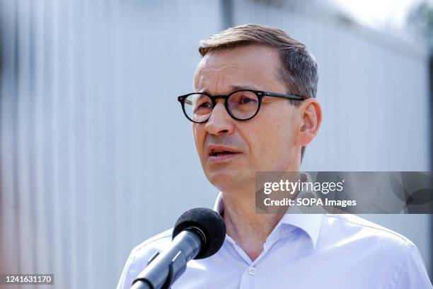 Polish Prime Minister, Mateusz Morawiecki speaks during a press conference that marks the end of building of the physical barriers between Poland and...