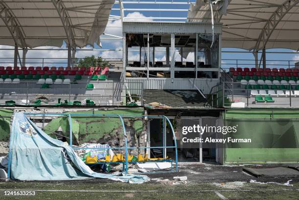 Destroyed football stadium on June 30, 2022 in Irpin, Ukraine. The region around Ukraine's capital continues to recover from Russia's aborted assault...