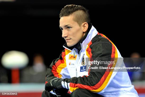 Marcel Nguyen of Germany watches other gymnasts training during the FIG Artistic Gymnastics Glasgow World Cup at the Emirates Arena on December 8,...