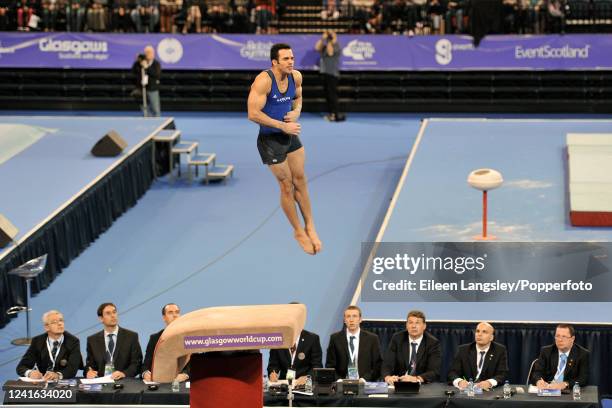 Danell Leyva of the United States competing on vault in the men's all-round competition during the FIG Artistic Gymnastics Glasgow World Cup at the...