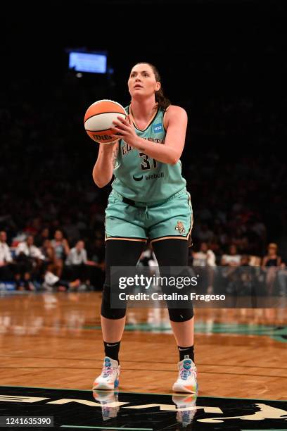 Stefanie Dolson of the New York Liberty shoots a free throw during the game against the Atlanta Dream on June 30, 2022 at the Barclays Center in...