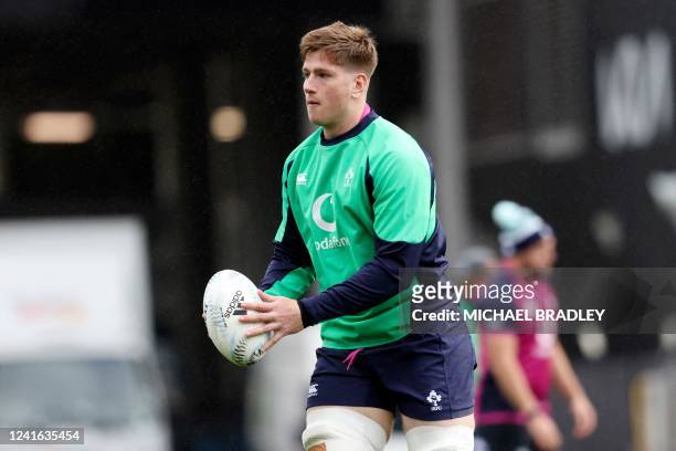 Irelands Joe McCarthy looks on during the Ireland captains run at Eden Park in Auckland on July 1 2022, ahead of the first rugby test of three test...